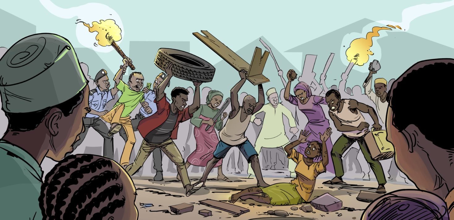 Credit: Amnesty International. Illustration of mob justice on accusation of blasphemy.