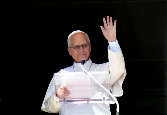 Pope Leo XIV delivers the Angelus prayer in St. Peter's Square at the Vatican, Sunday, Oct. 11, 2026. (AP Photo/Gregorio Borgia)